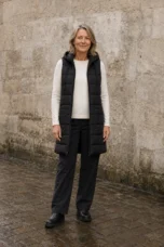 Elena black long puffer vest open matched background
