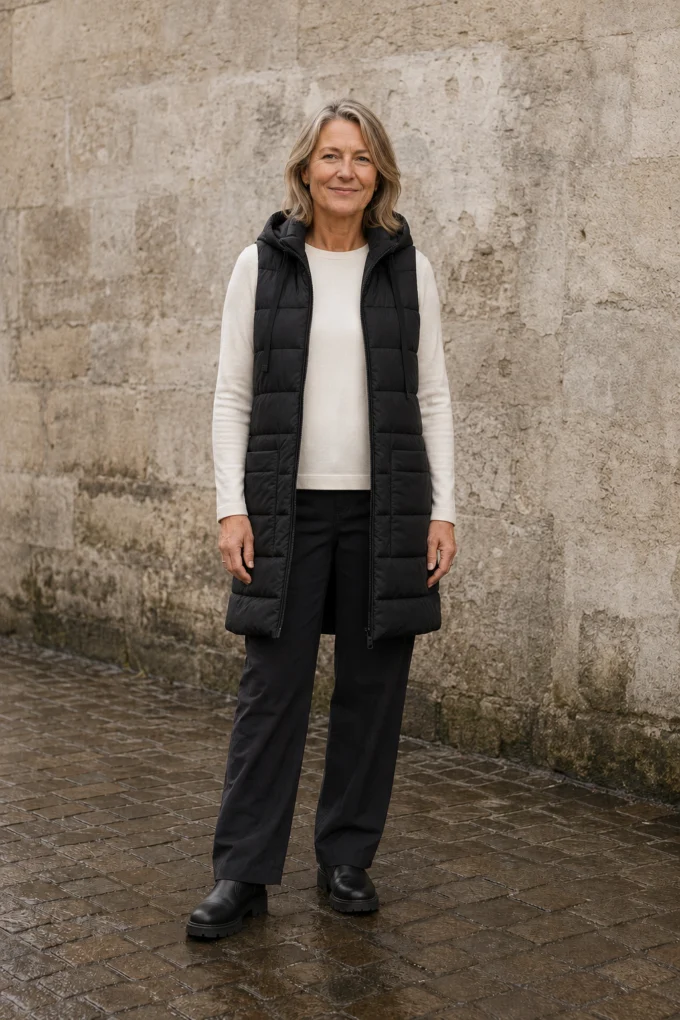 Elena black long puffer vest open matched background