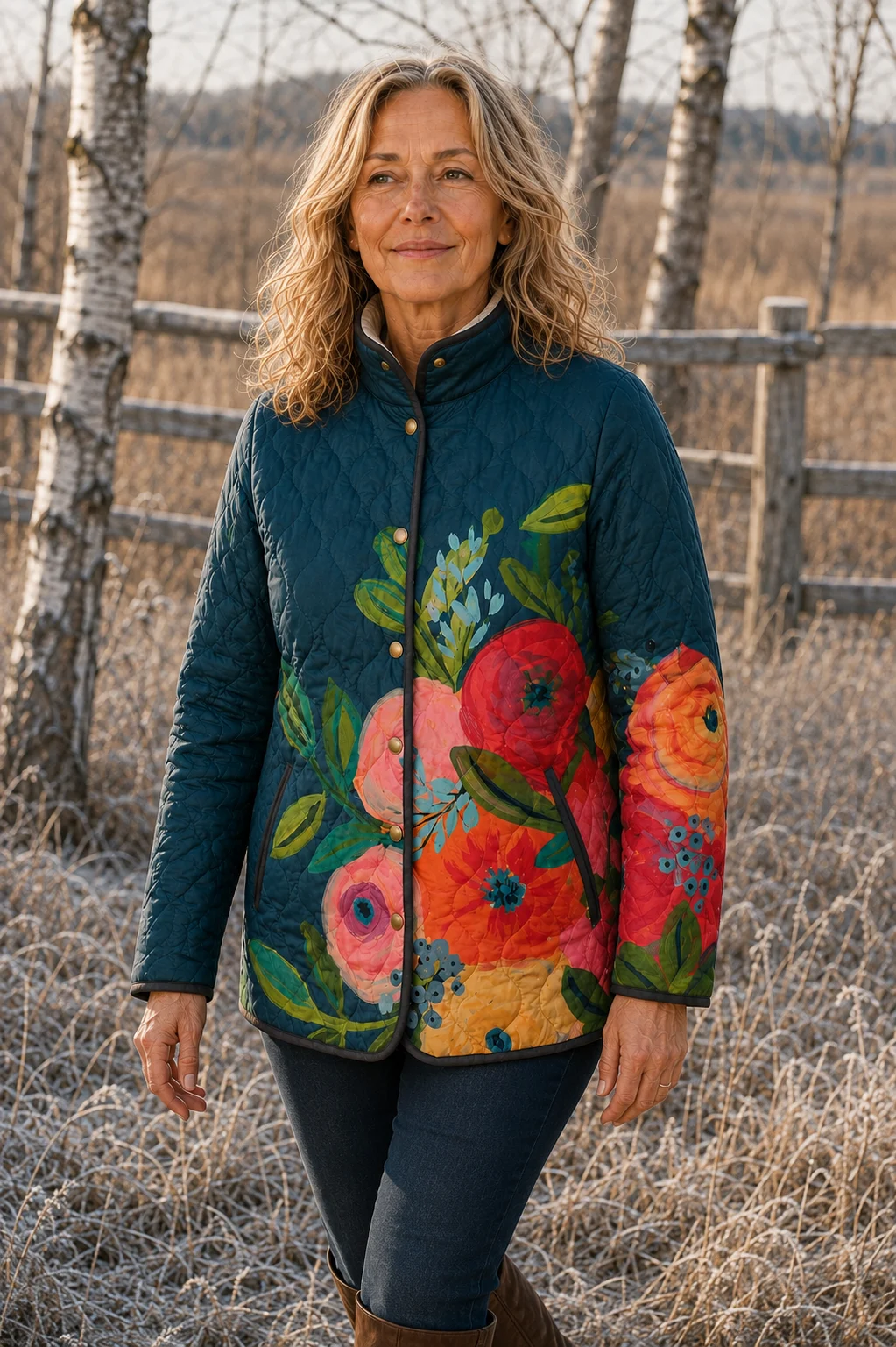 Roseline Floral Quilted Jacket, natural walking editorial view