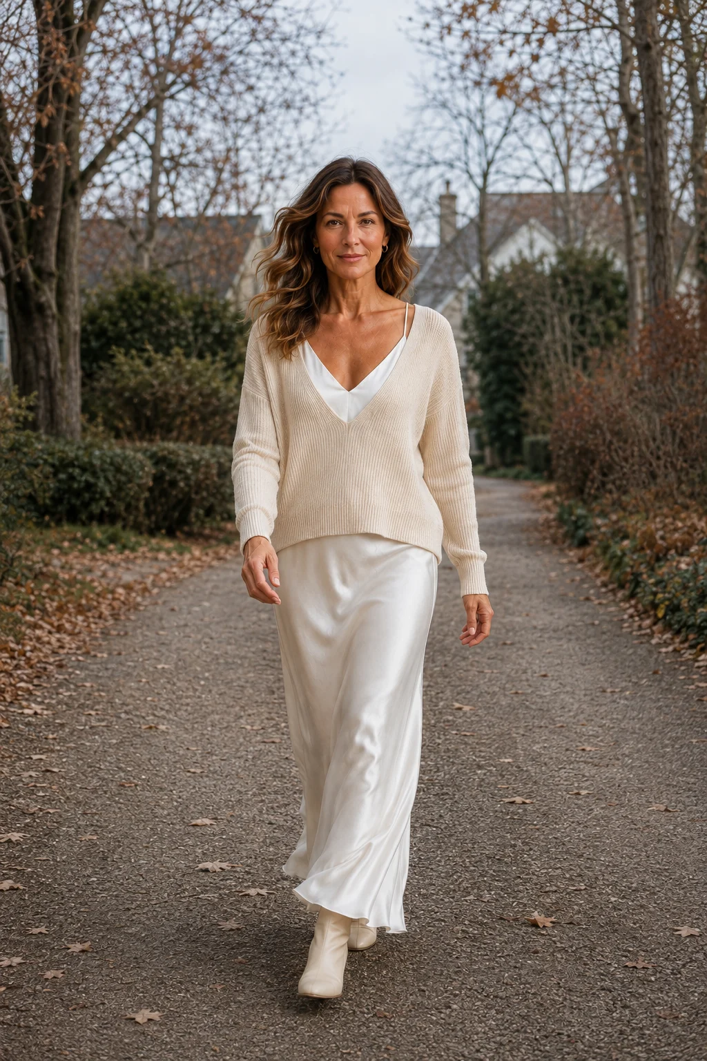 Elisabeth ivory knit top and satin skirt set on an autumn lane