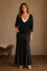 Elisabeth | Knit Top and Satin Skirt Set - Black
