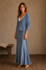 Elisabeth | Knit Top and Satin Skirt Set - Blue