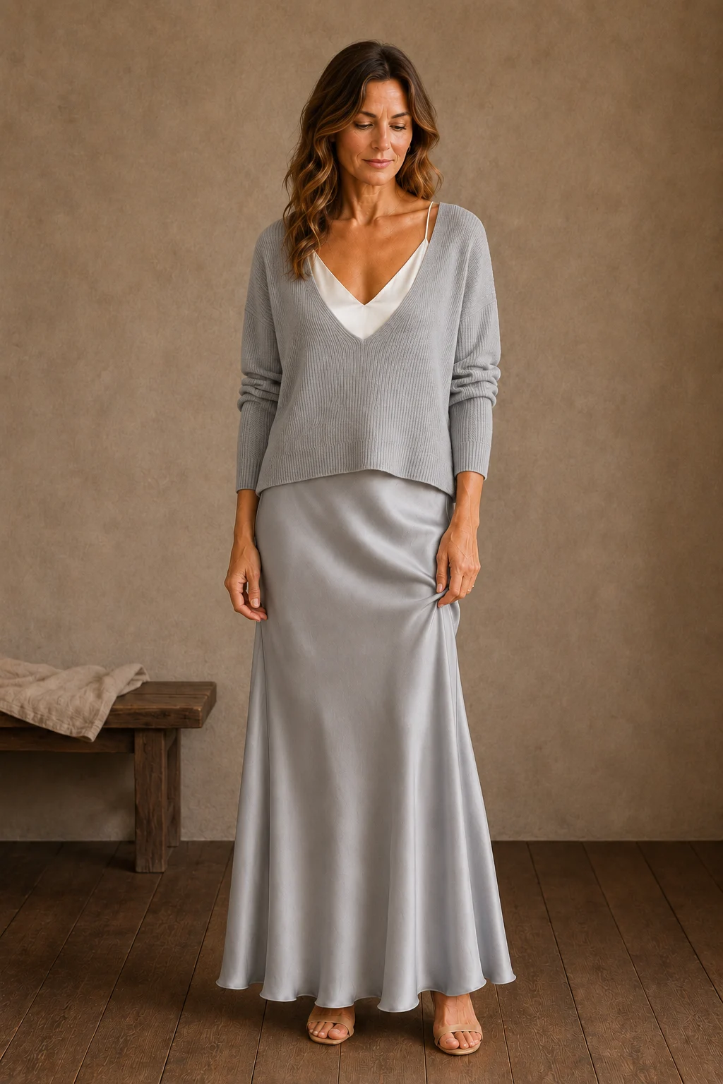 Elisabeth | Knit Top and Satin Skirt Set - Grey