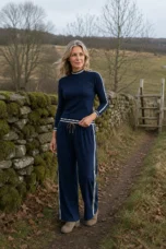 Elodie navy cotton blend drawstring matching set beside a mossy country wall