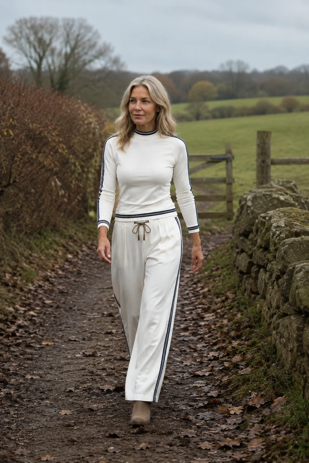 Elodie white cotton blend drawstring matching set on a rural autumn path