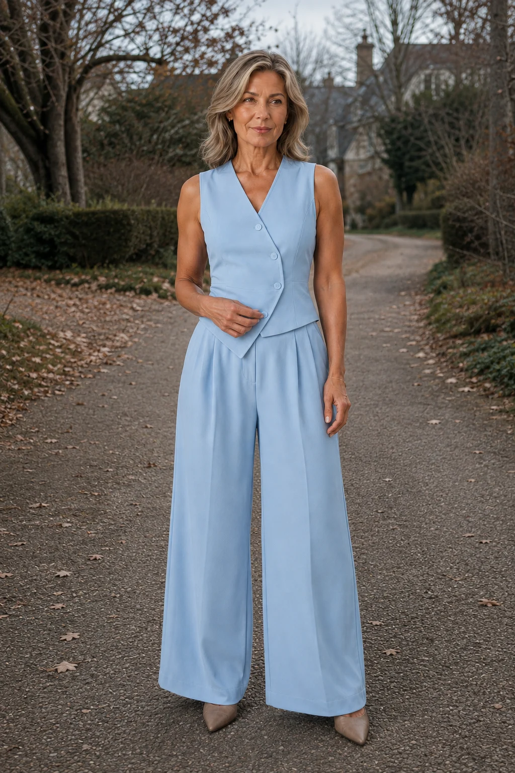 Eloise light blue tailored vest and trouser set on a cool autumn lane