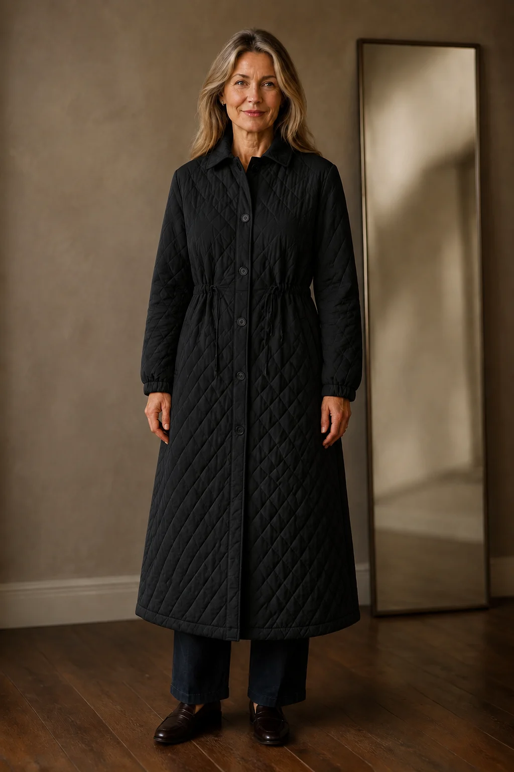 Estelle | Diamond Quilted Longline Coat - Black