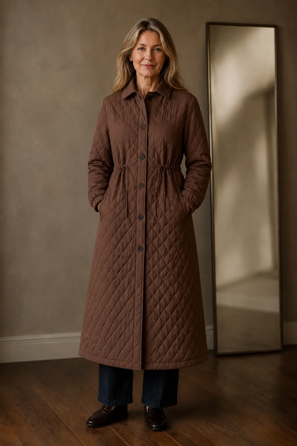 Estelle | Diamond Quilted Longline Coat - Brown