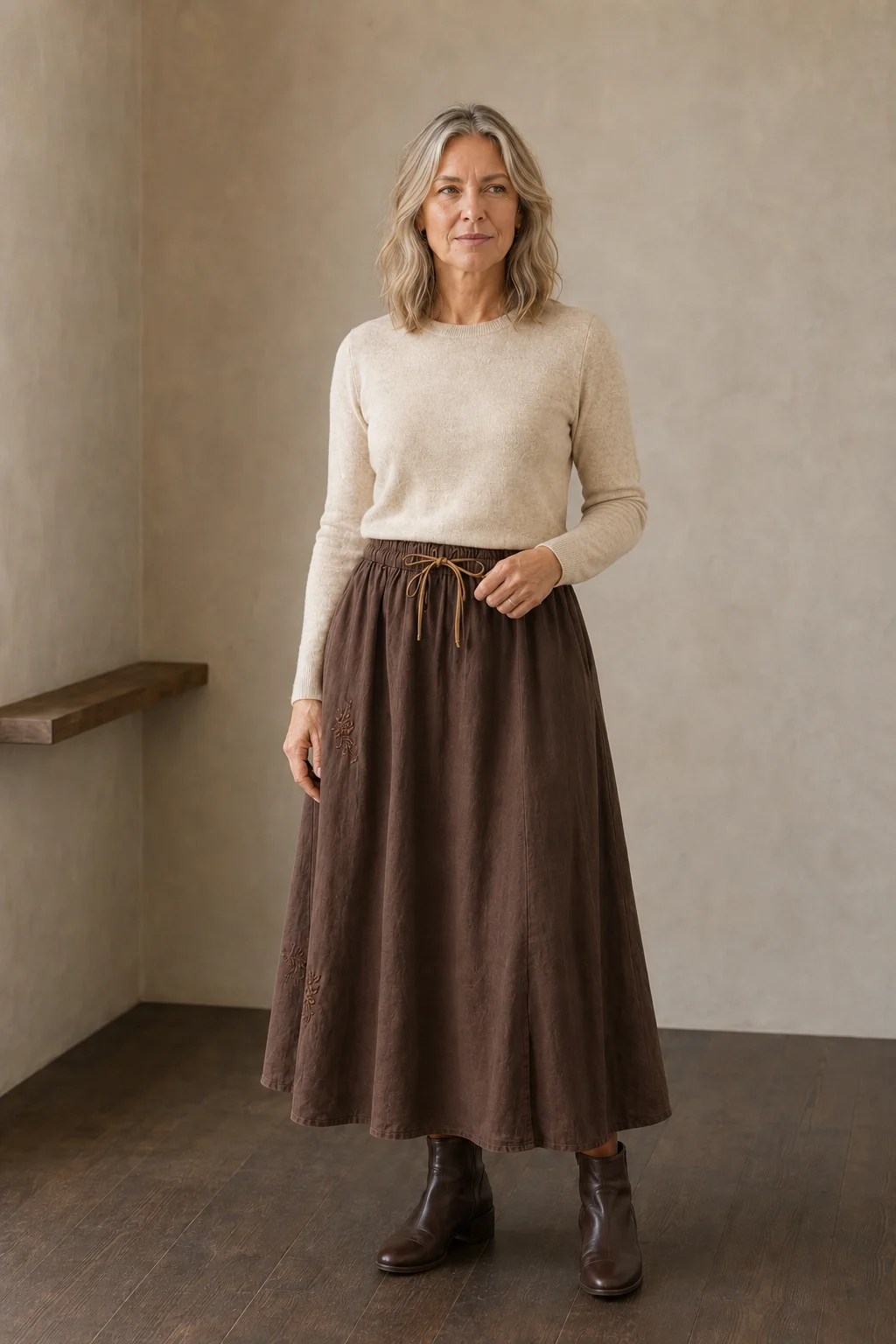 Eudoxie | Embroidered Organic Linen Skirt - Coffee