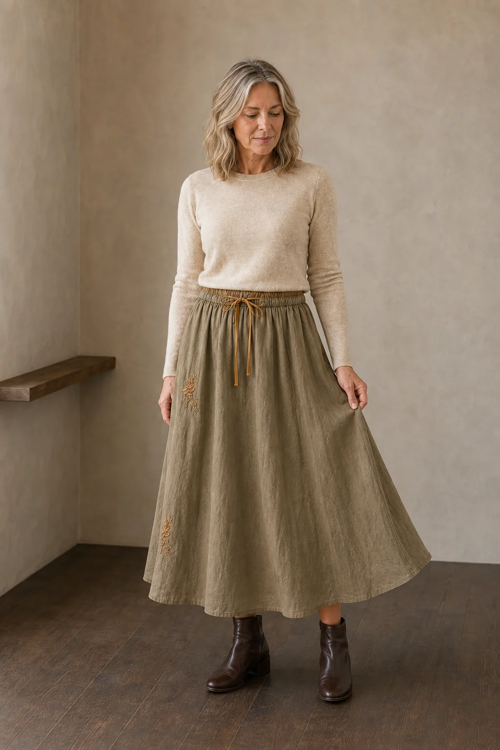 Eudoxie | Embroidered Organic Linen Skirt - Khaki