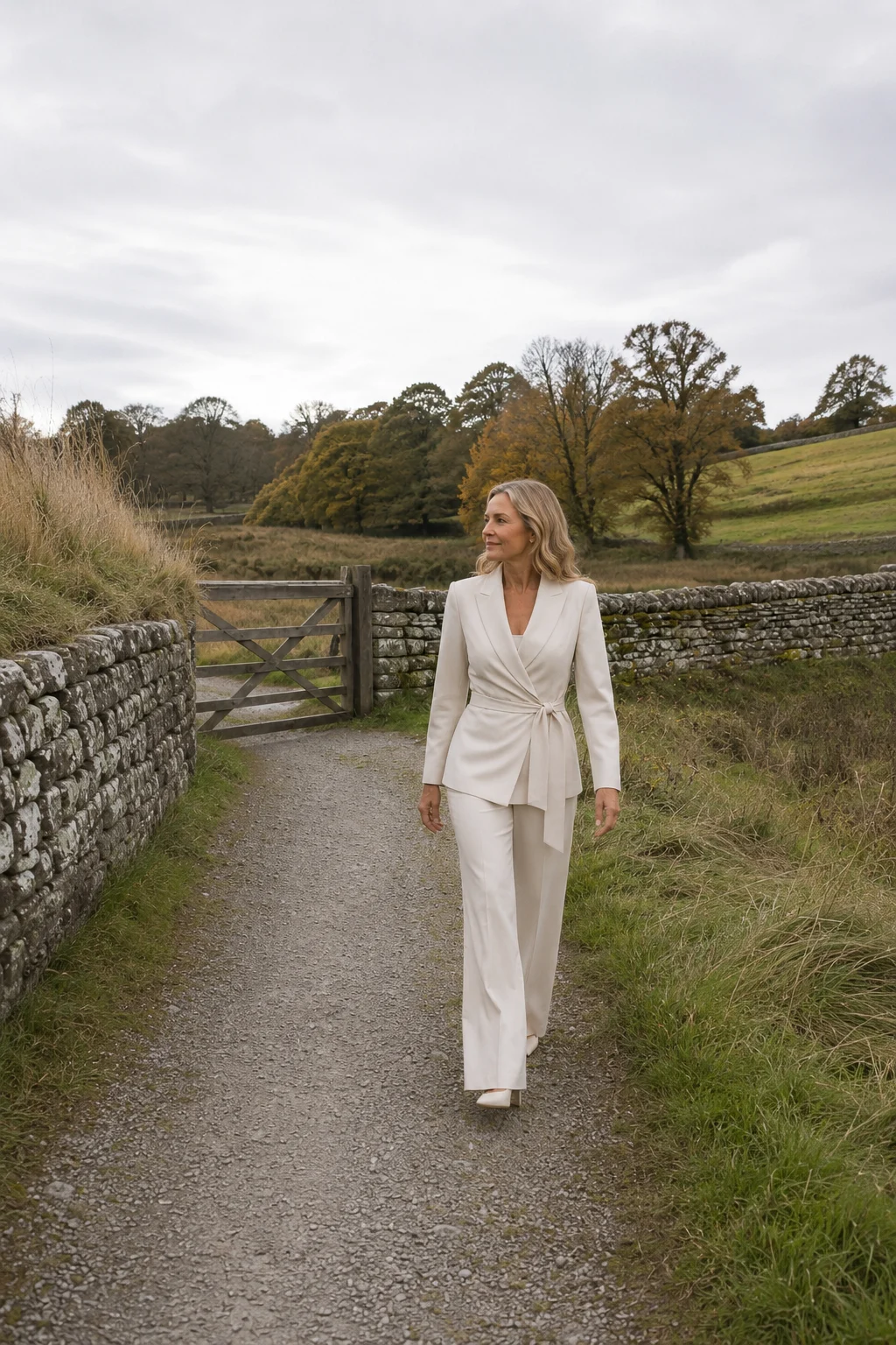 Euphrasie cream tie waist jacket and trouser set on an autumn country path