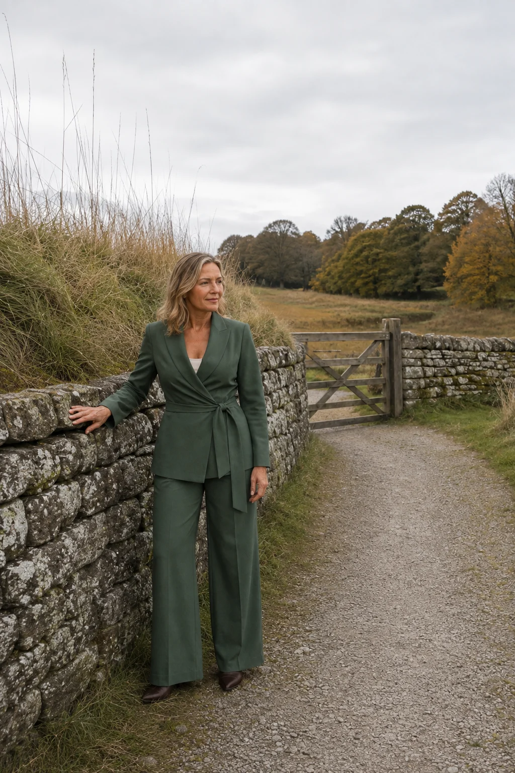 Euphrasie green tie waist jacket and trouser set beside an autumn stone wall