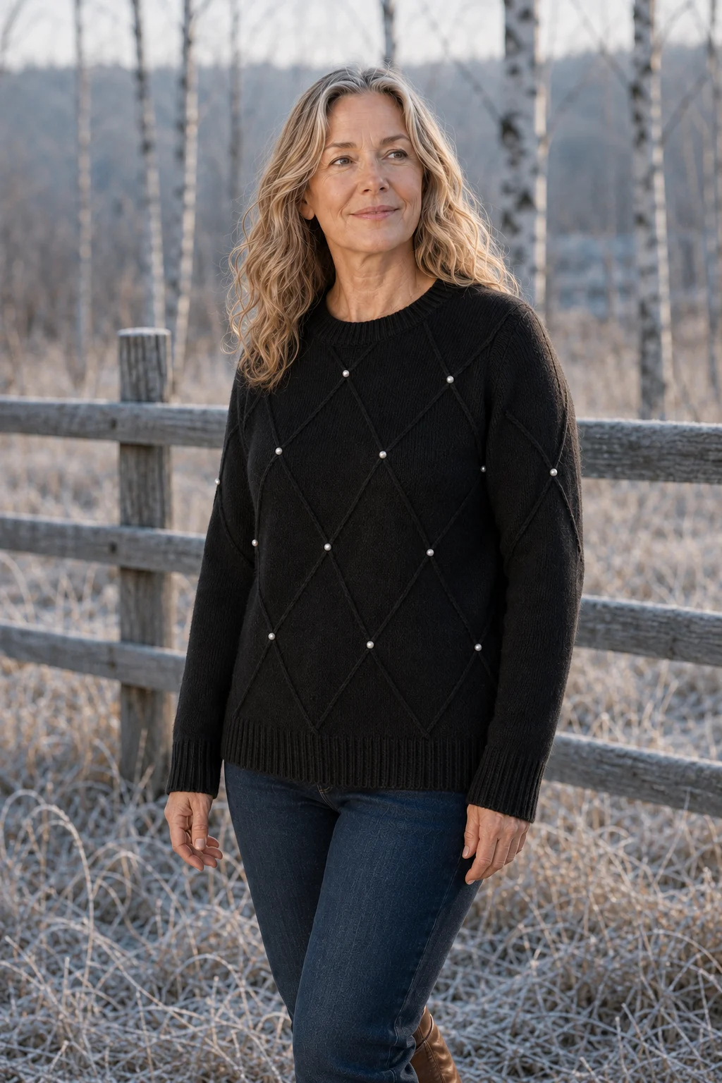 Faith Pearl Trim Crew Neck Sweater in black, outdoor editorial view