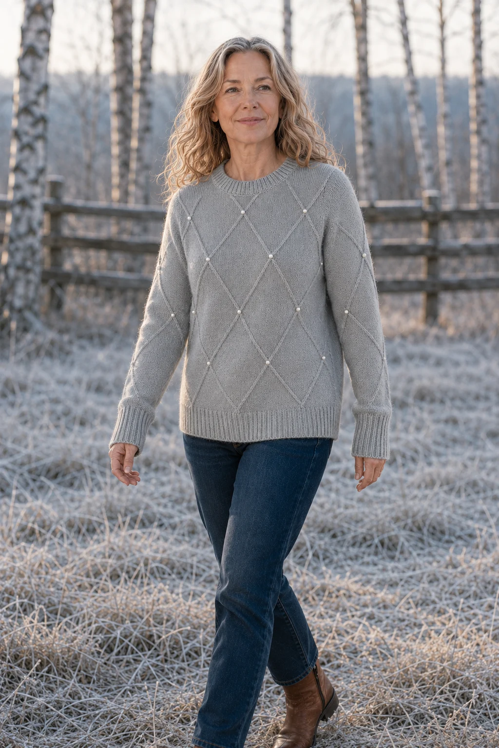 Faith Pearl Trim Crew Neck Sweater in grey, outdoor editorial view