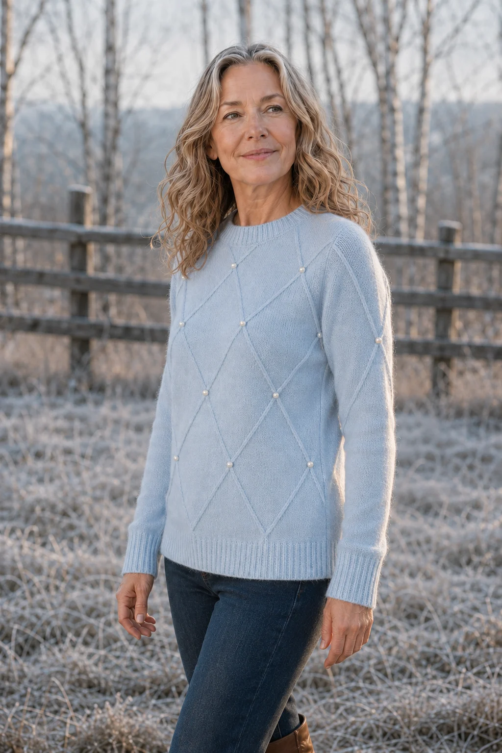 Faith Pearl Trim Crew Neck Sweater in light blue, outdoor editorial view