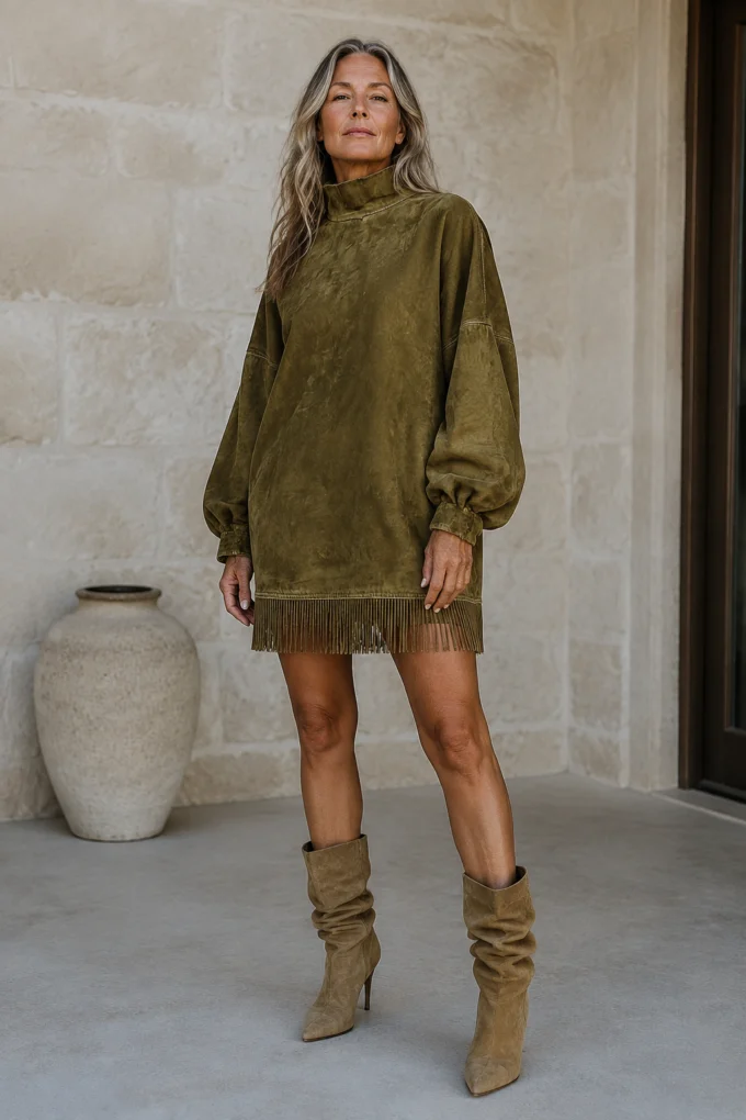 Full-length editorial image of Faux Suede Turtleneck Fringe Dress