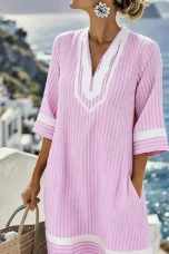 Olive | Striped Cotton Split Neck Dress