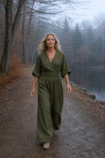 Felicite olive green linen jumpsuit on a misty autumn lakeside path