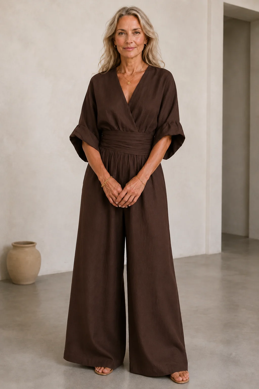 Felicite | Wide Leg Linen Jumpsuit - Dark Brown