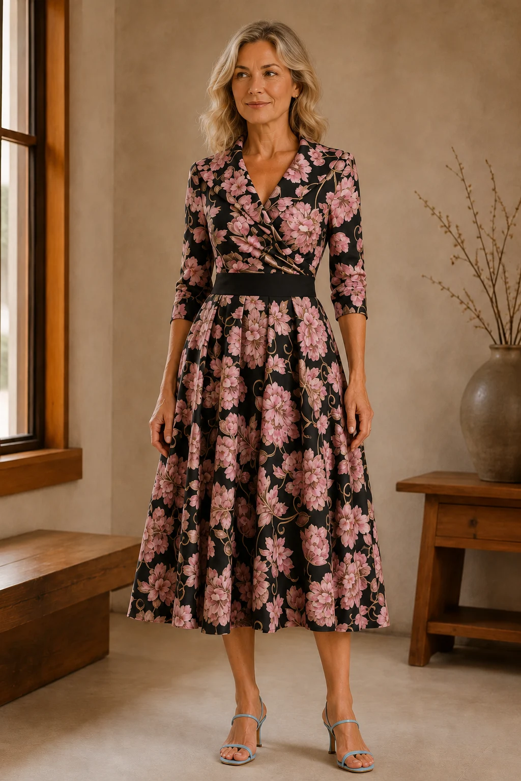 Fit and Flare Midi Dress - Black Rose