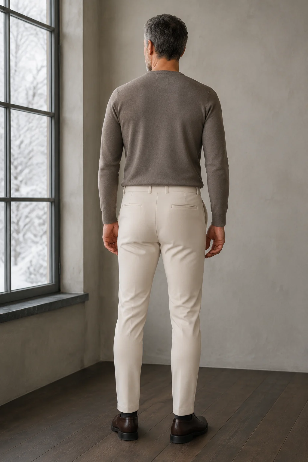 Flat Front Slim Business Trousers - cream back view
