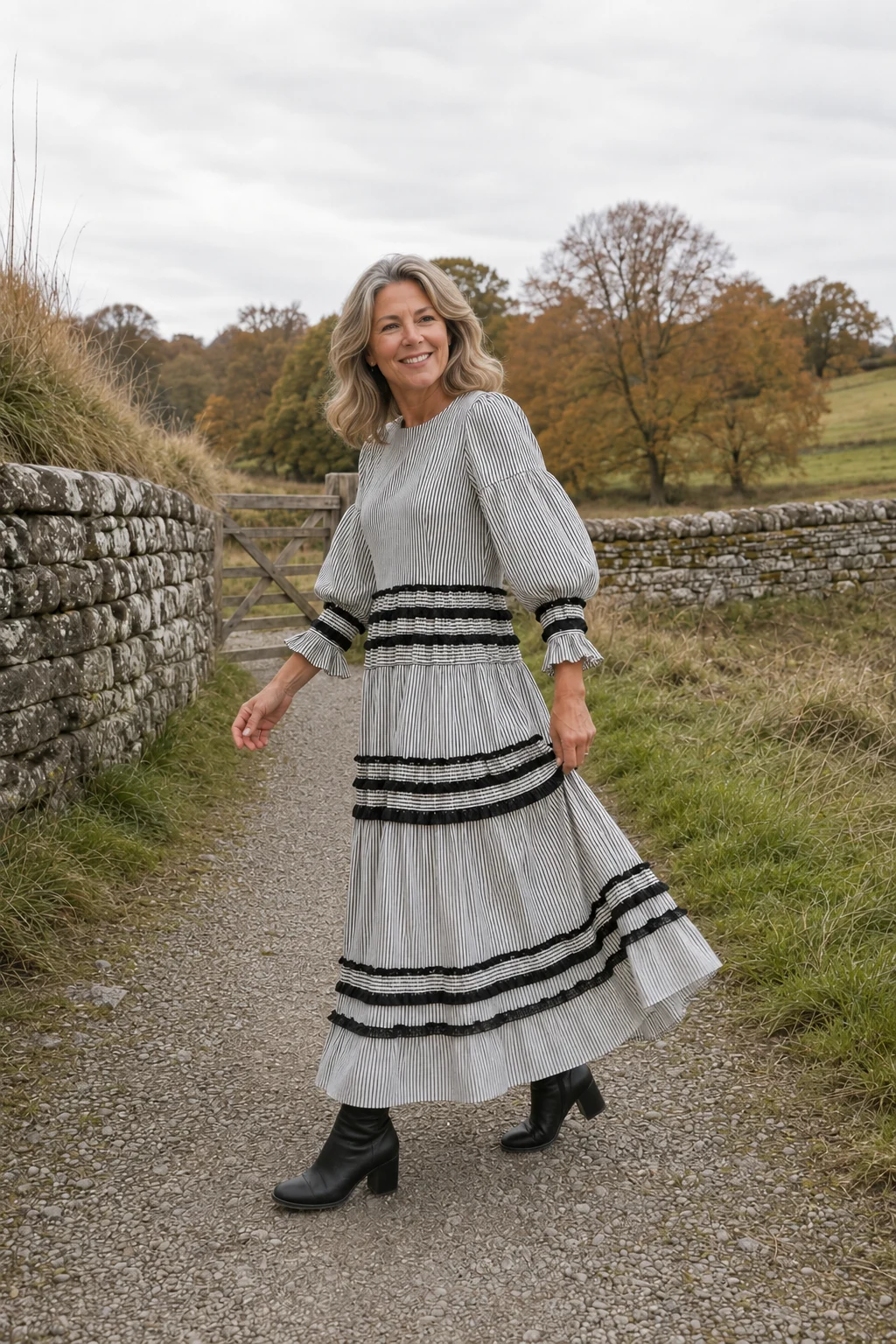 Flavie | Cotton Linen Ruffled Maxi Dress - Black & White lifestyle