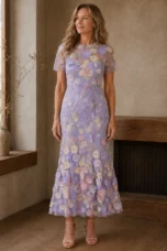 Floral Applique Mermaid Evening Gown - Purple