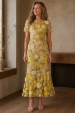 Floral Applique Mermaid Evening Gown - Yellow