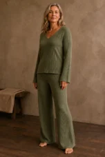 Flore | Dense Knit Two Piece Lounge Set - Olive Green