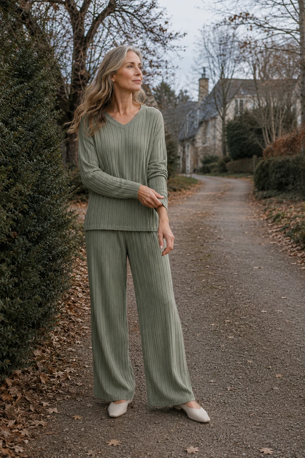 Florianne green V neck knit lounge set on an autumn lane