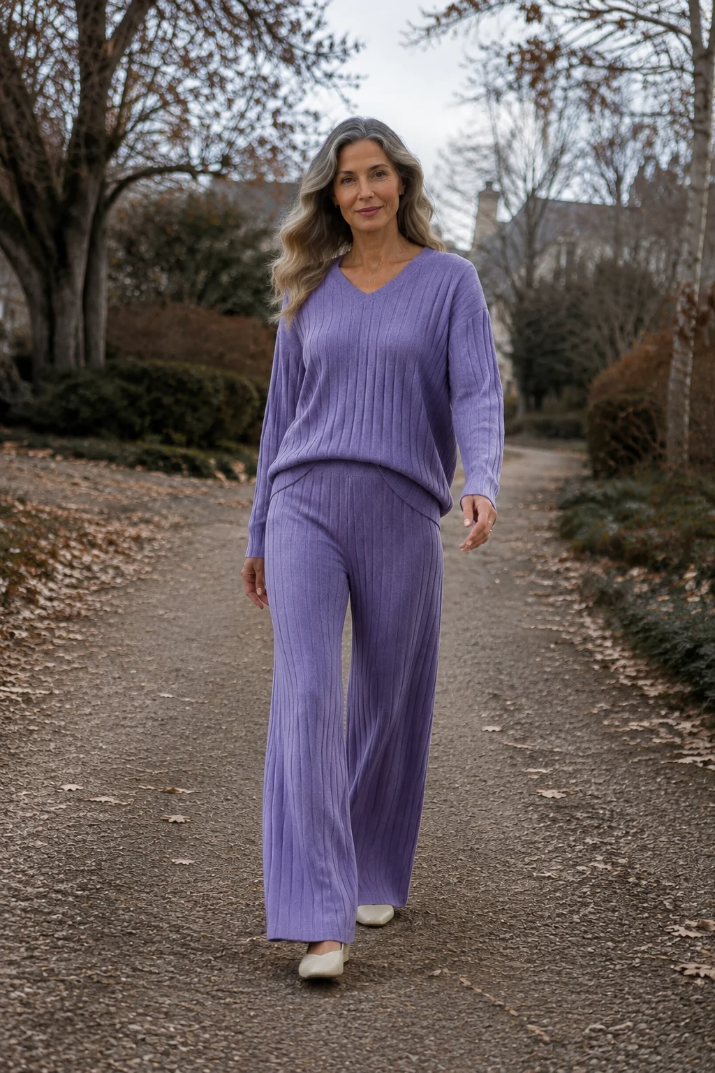 Florianne purple V neck knit lounge set on an autumn lane