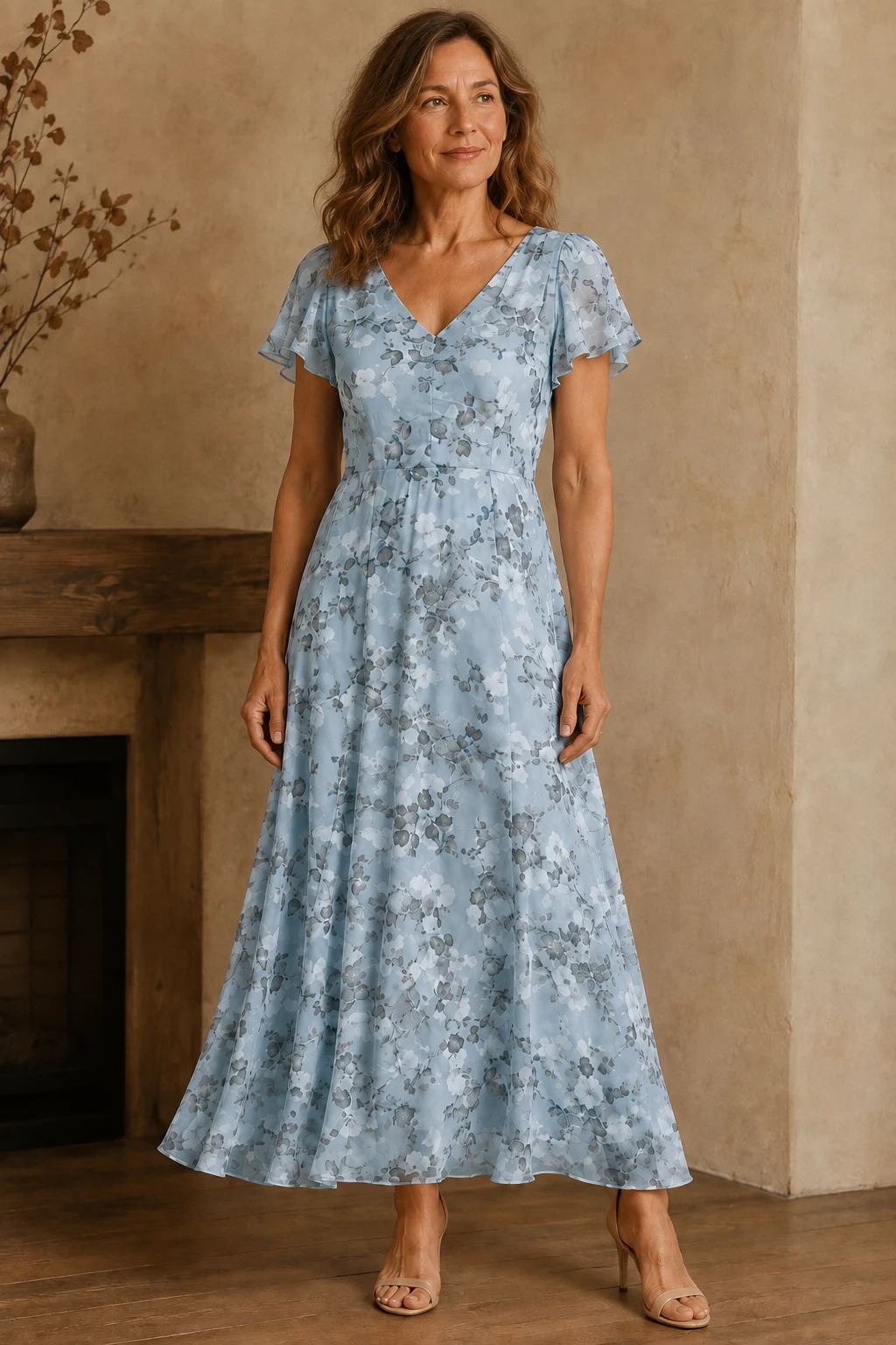 Flowing V Neck Lined Maxi Dress - Blue