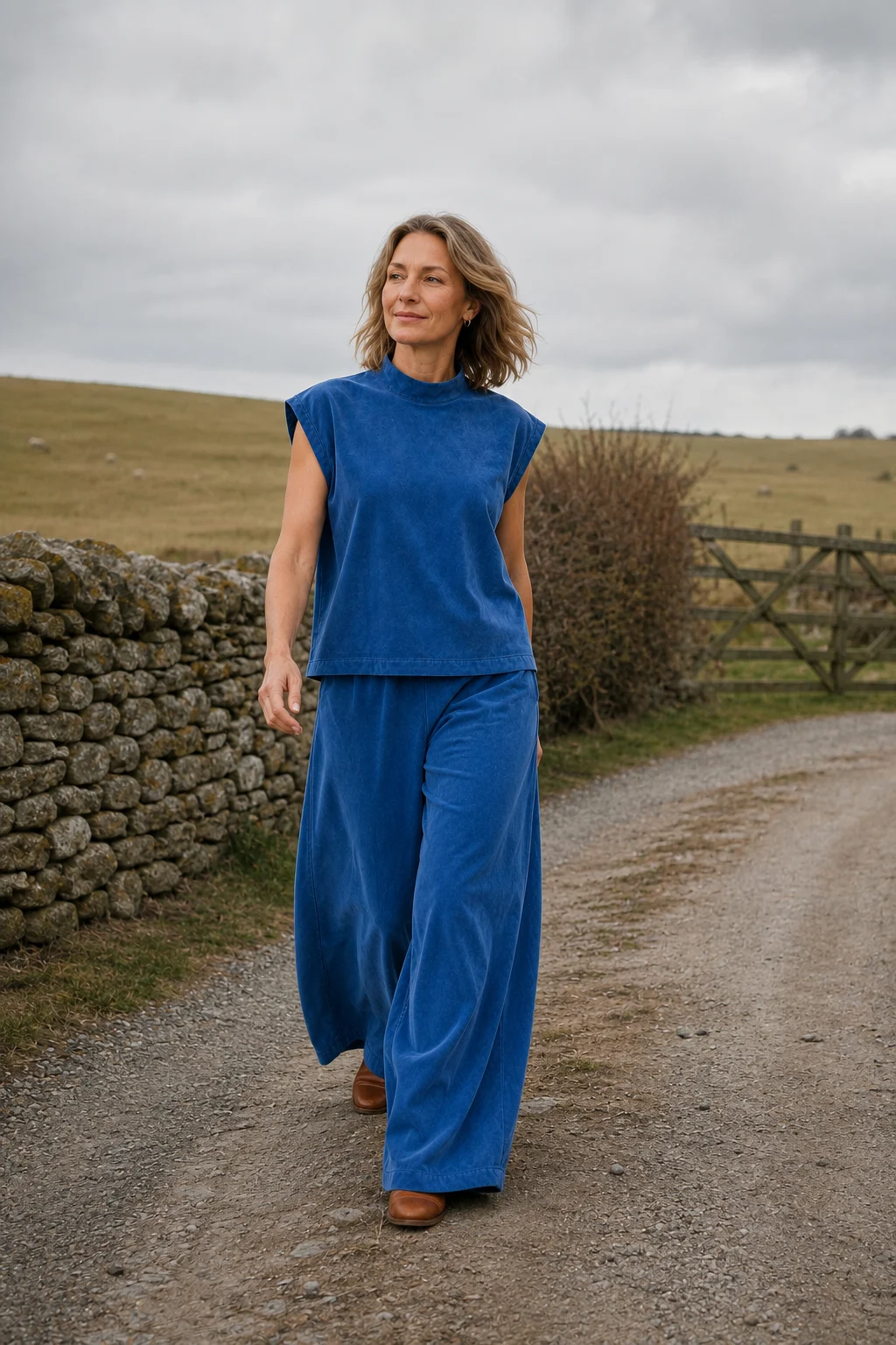 Francoise blue sleeveless wide leg matching set on a rural autumn lane