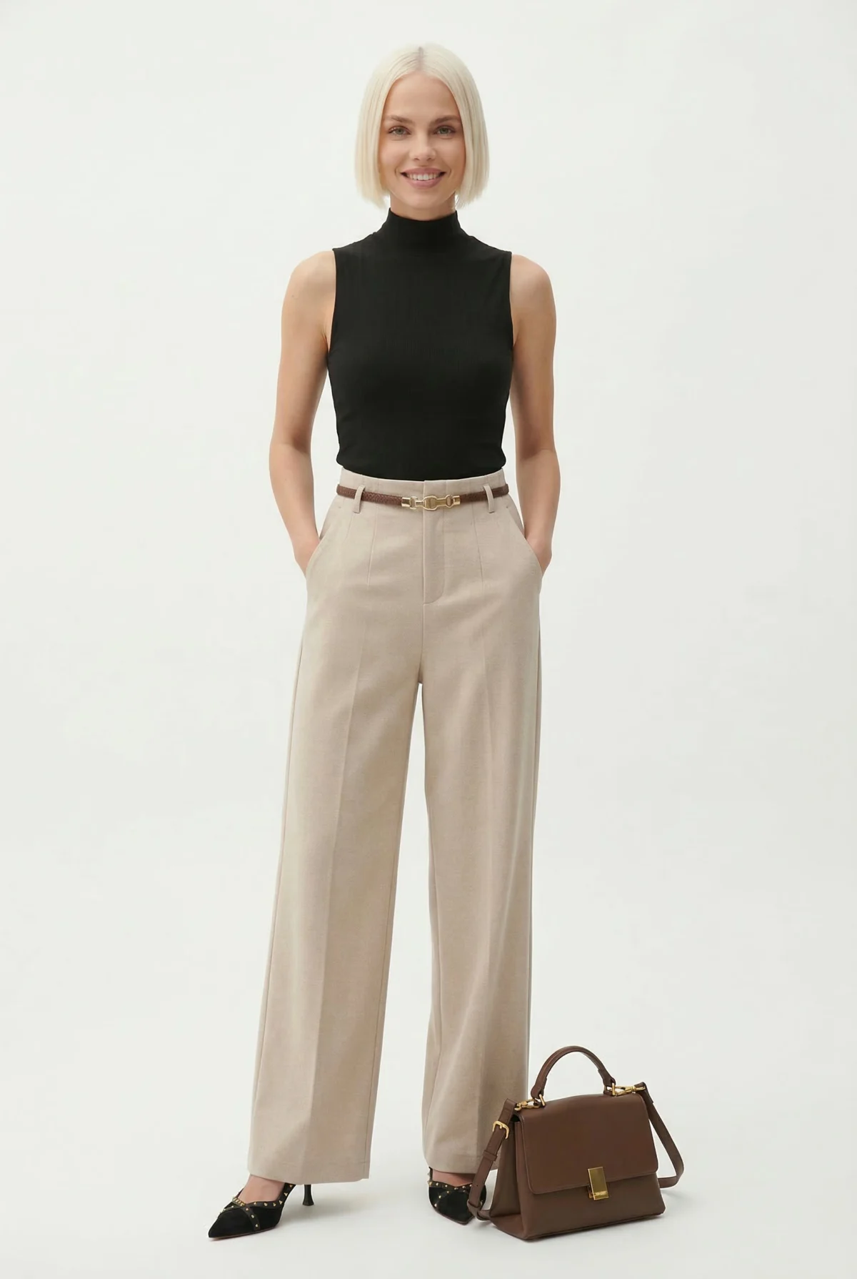 Adelia | 50% Wool Belted Wide Leg Trousers