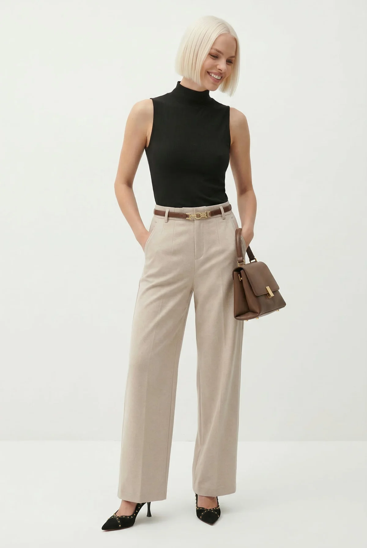 Adelia | 50% Wool Belted Wide Leg Trousers