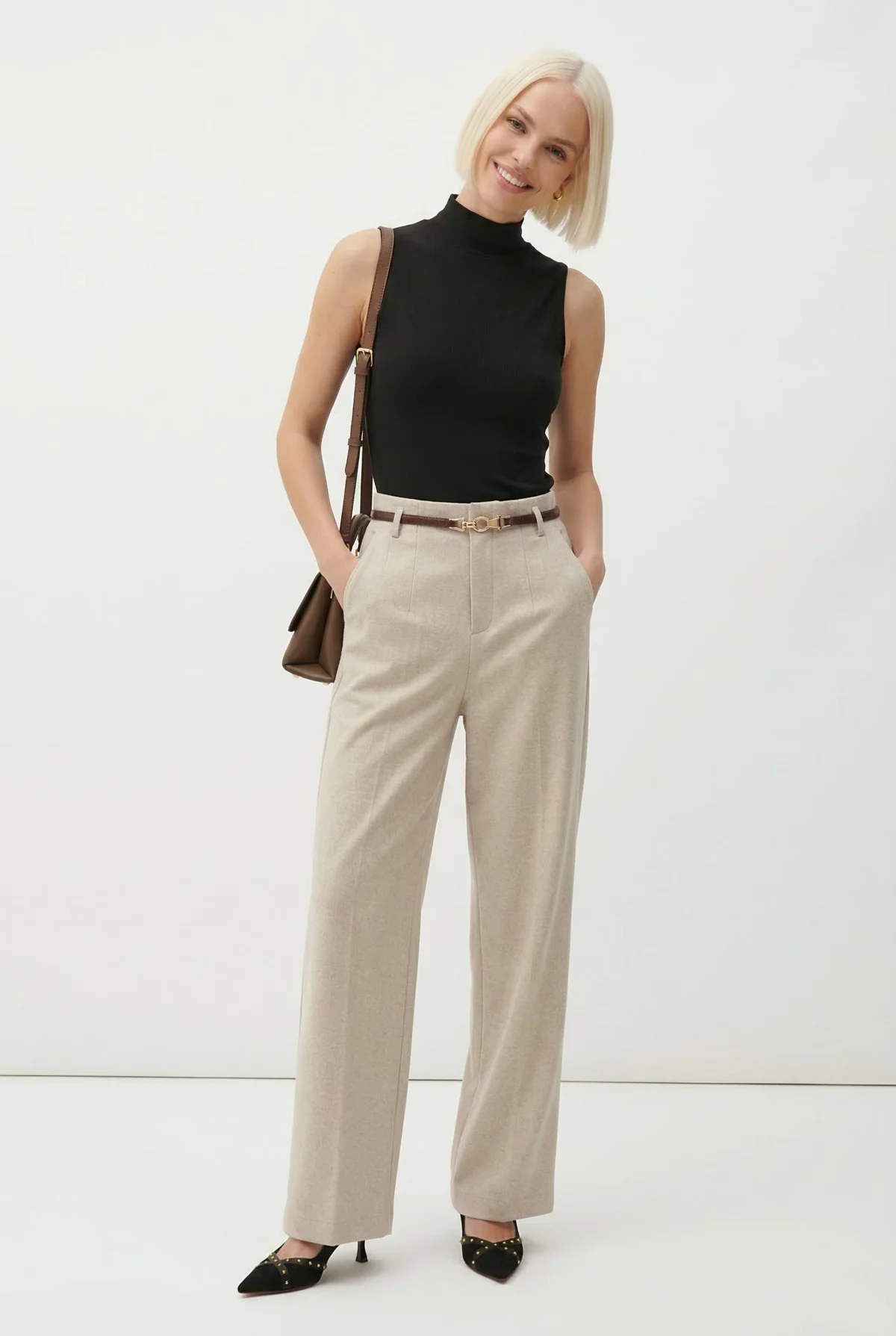 Adelia | 50% Wool Belted Wide Leg Trousers