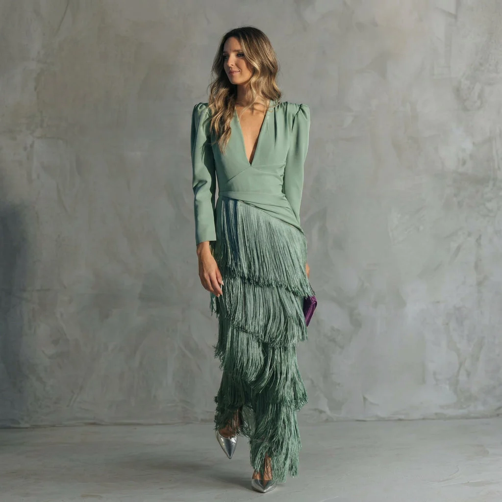 Ramona | Fringed V-Neck Evening Gown