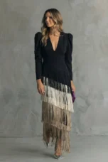 Ramona | Fringed V-Neck Evening Gown