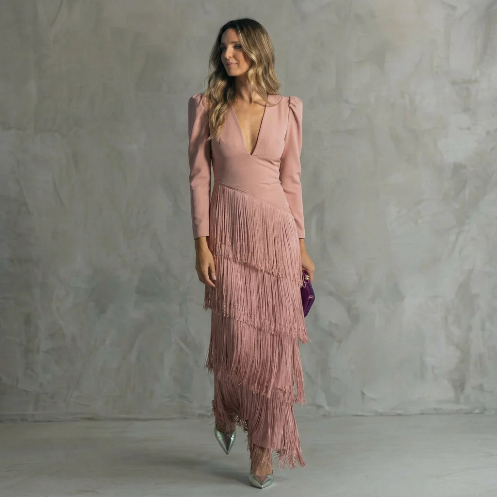Ramona | Fringed V-Neck Evening Gown