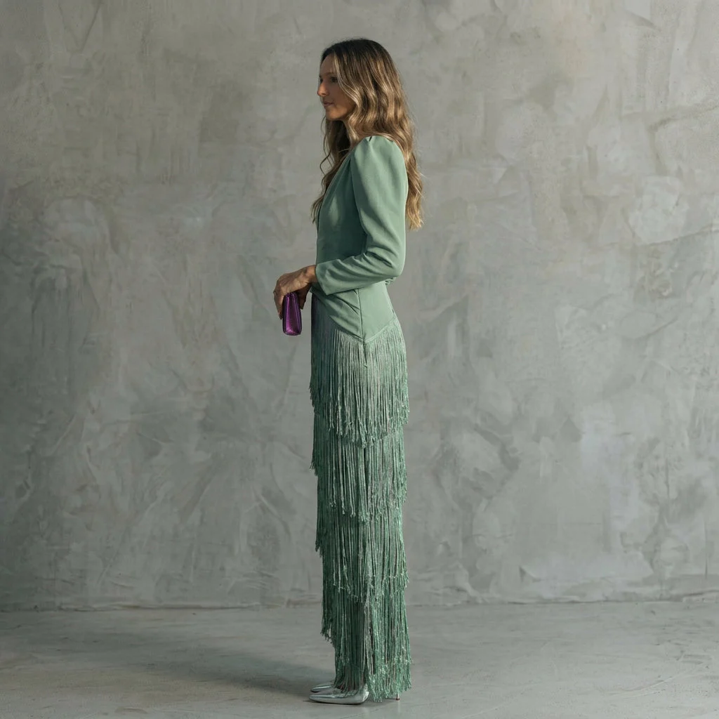 Ramona | Fringed V-Neck Evening Gown