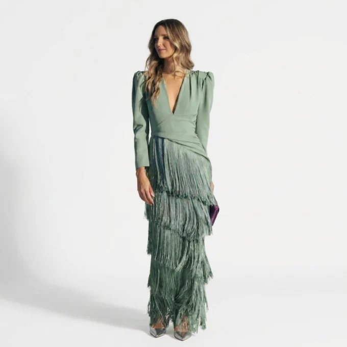 Ramona | Fringed V-Neck Evening Gown