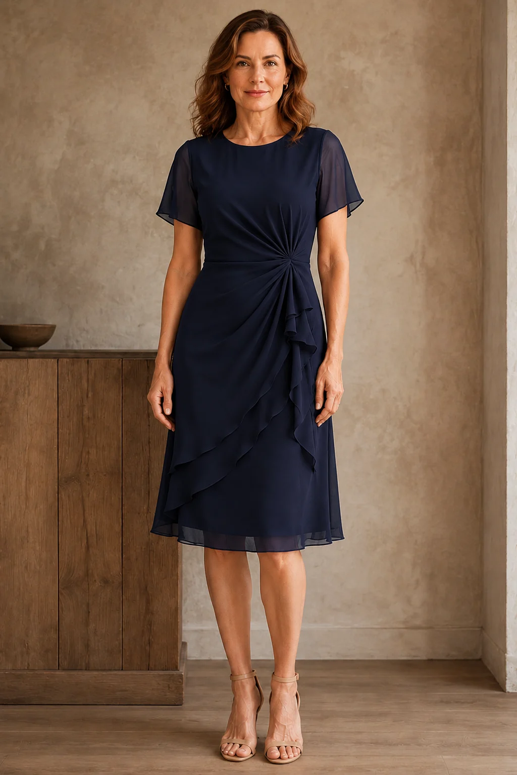Gathered Waist Short Sleeve Dress - Blue