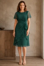 Gathered Waist Short Sleeve Dress - Green