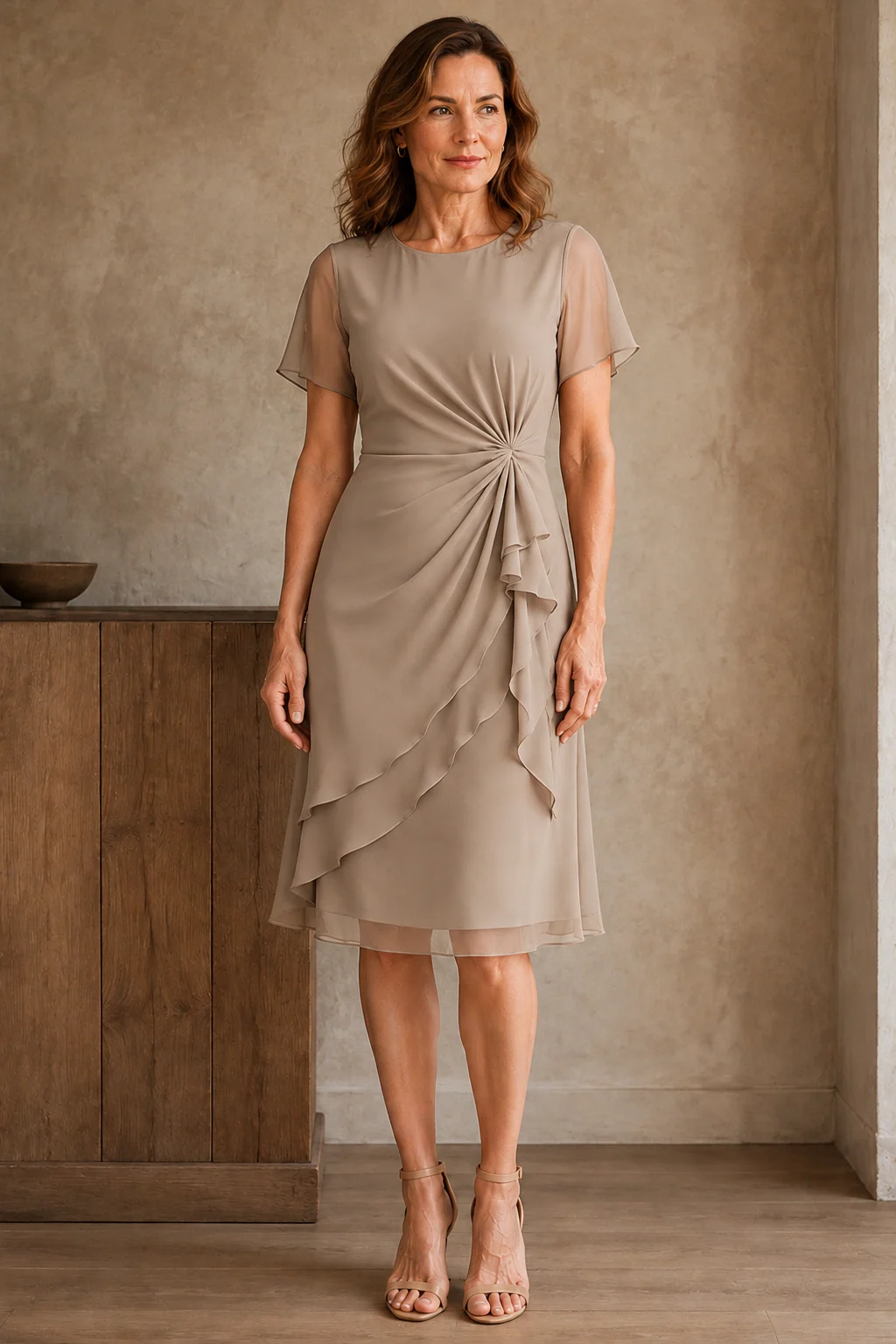 Gathered Waist Short Sleeve Dress - Khaki