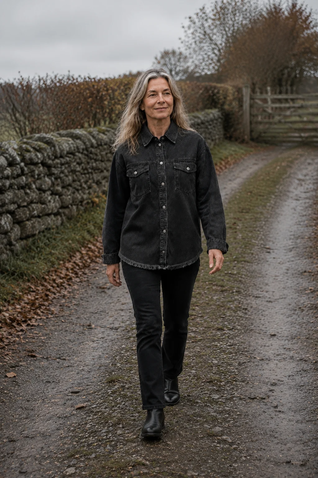 Genevieve black roomy heavy denim jacket on a rural autumn lane