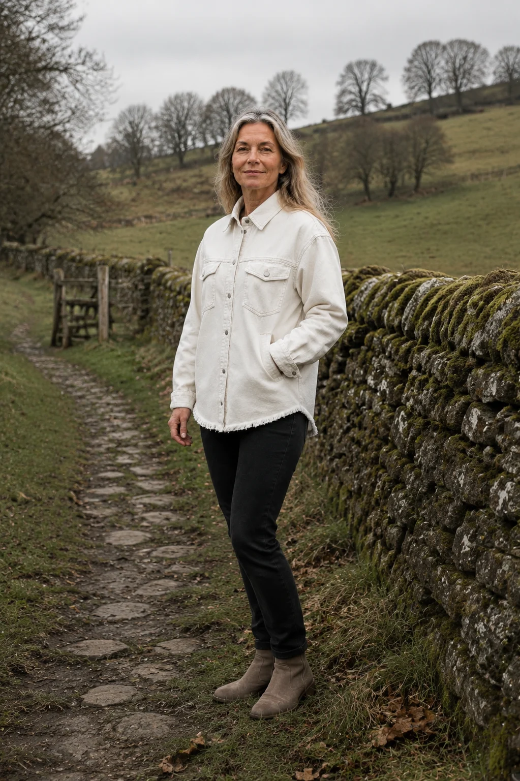 Genevieve white roomy heavy denim jacket beside a countryside stone wall