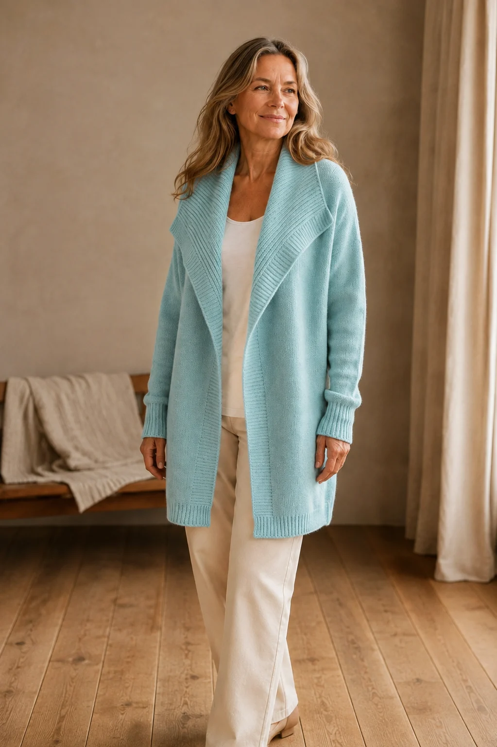 Gilbertine light-blue long open knit cardigan, main product model standing with arms naturally relaxed