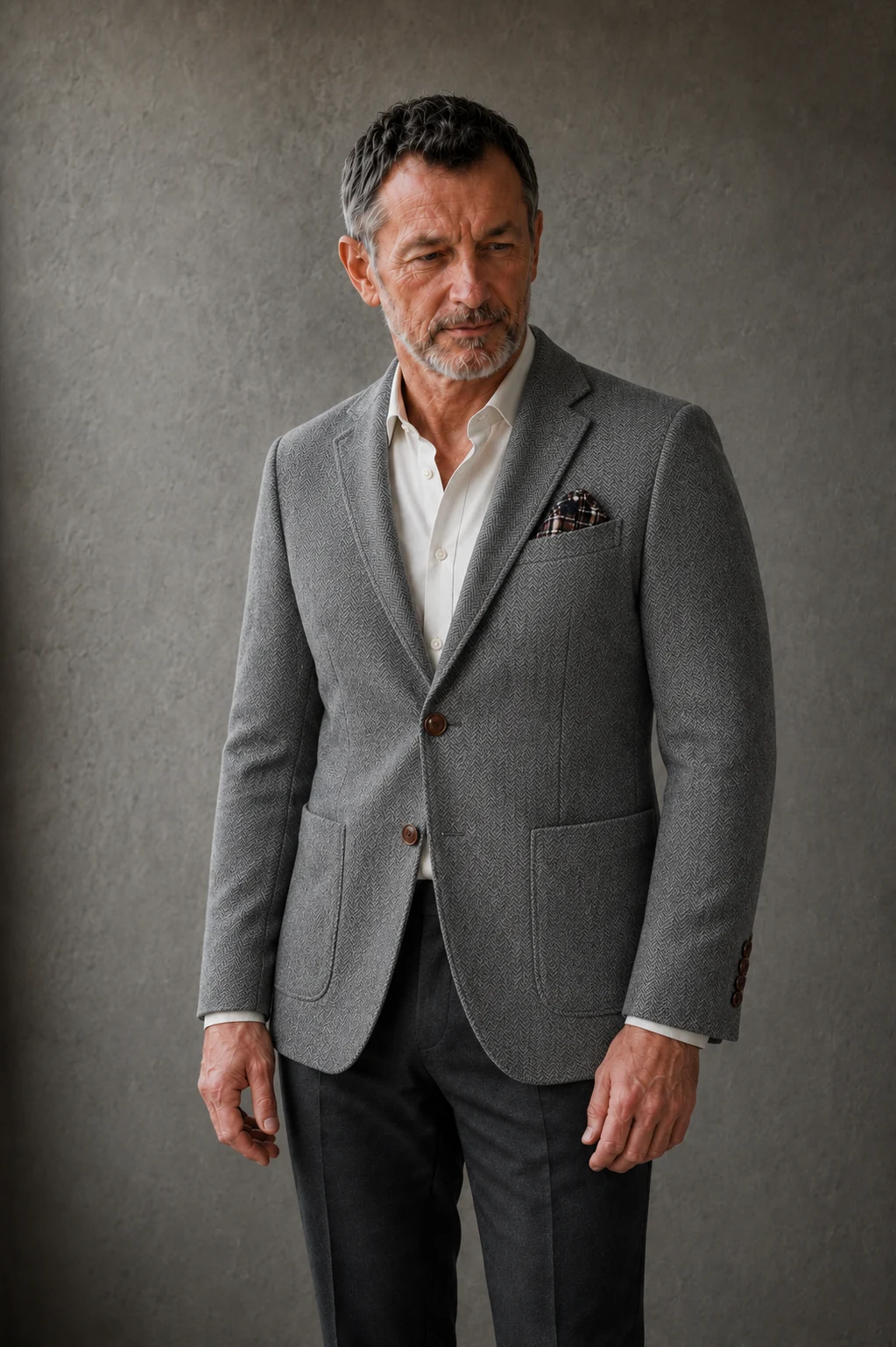 Gravedona gray herringbone blazer torso view with natural hands