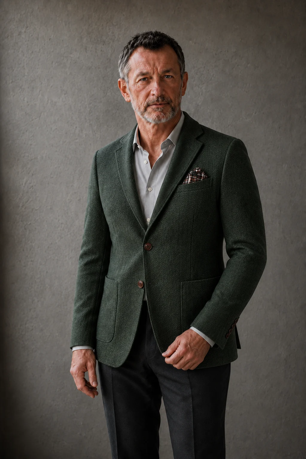 Gravedona green herringbone blazer torso view with natural hands