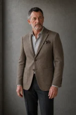 Gravedona khaki herringbone blazer torso view with natural hands